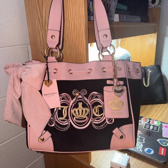 Juicy Couture Handbags - Juicy Couture Pink and Black Shoulder Tote with Crown Charm